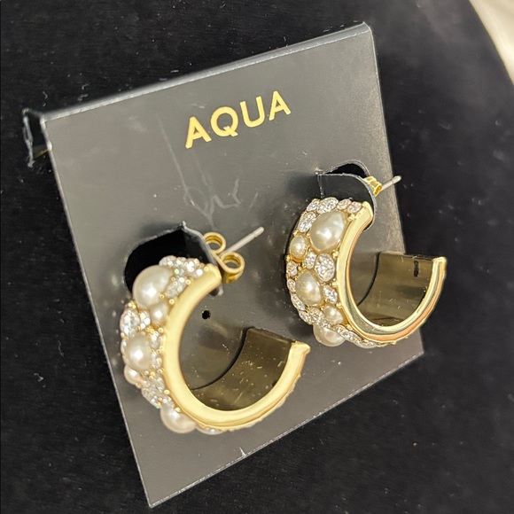 Aqua Gold Tone Crystal Faux Pearl C Hoop Earrings - Picture 1 of 9